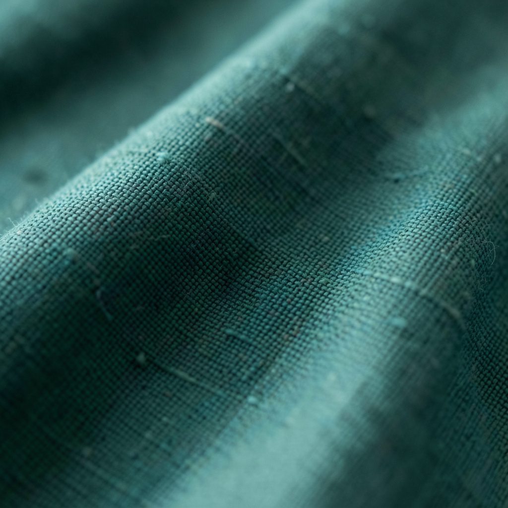 Extreme close-up of a woven dark green linen fabric, soft natural light, muted teal and sage tones, calm corporate mood