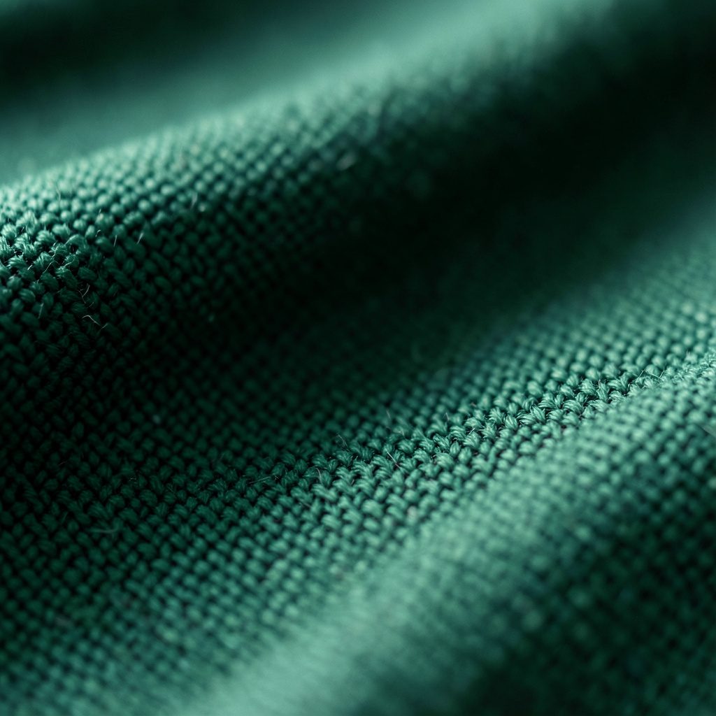 Extreme close-up photograph of woven deep green fabric with soft natural light, evoking a calm and considered corporate atmosphere