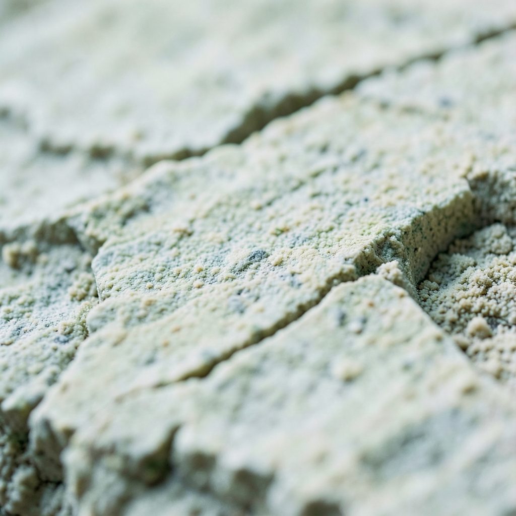 Close-up photograph of pale stone texture with soft green-grey shadows, giving a quiet and formal atmosphere