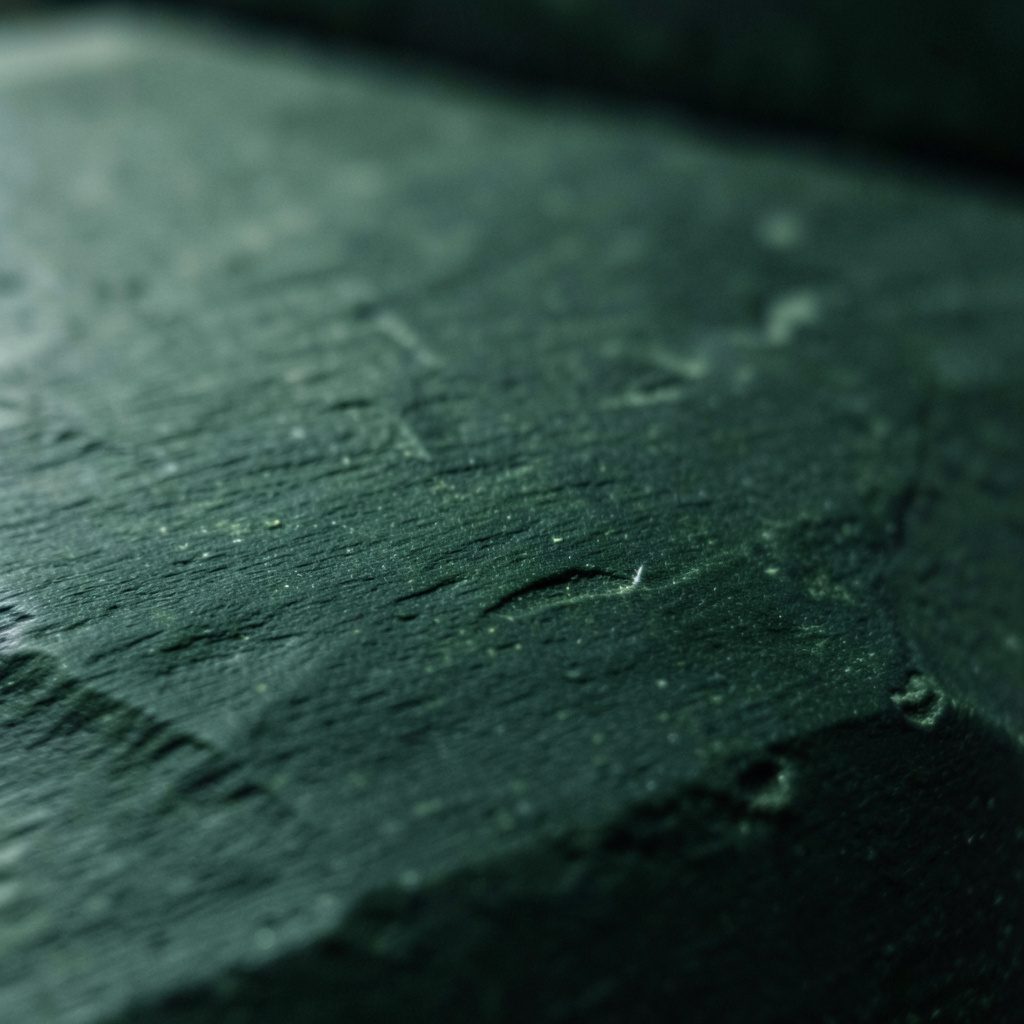 Abstract architectural close-up of brushed dark green stone with soft directional lighting