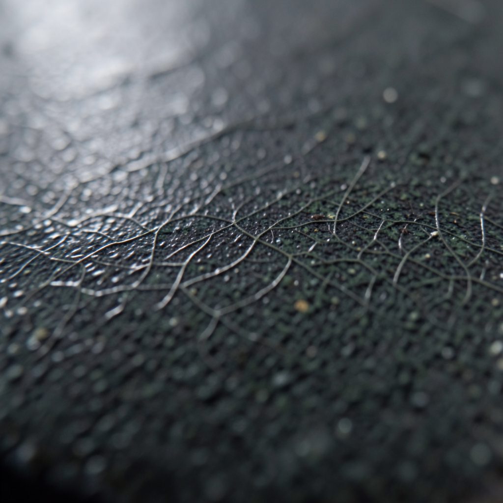 Extreme close-up of dark sage ceramic surface with fine hairline glaze texture